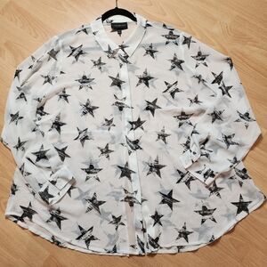 Lane Bryant Split Back Star Print Sheer Long Sleeve Button Shirt Black White 3X